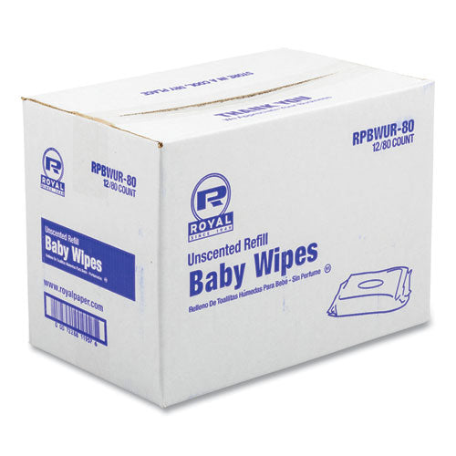 Image of AmerCareRoyal® Baby Wipes Refill Pack, 8 x 7, Unscented, White, 80/Pack, 12 Packs/Carton