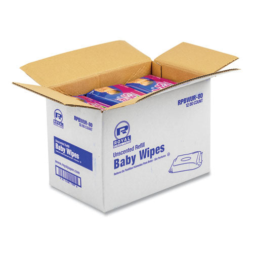 Image of AmerCareRoyal® Baby Wipes Refill Pack, 8 x 7, Unscented, White, 80/Pack, 12 Packs/Carton