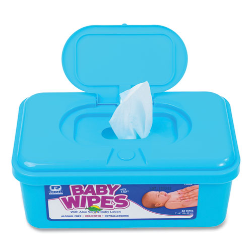 Image of AmerCareRoyal® Baby Wipes Tub, Unscented, White, 80/Tub, 12 Tubs/Carton