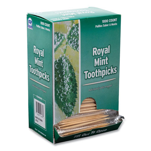 Image of AmerCareRoyal® Mint Cello-Wrapped Wood Toothpicks, 2.5", Natural, 1,000/box, 15 Boxes/carton