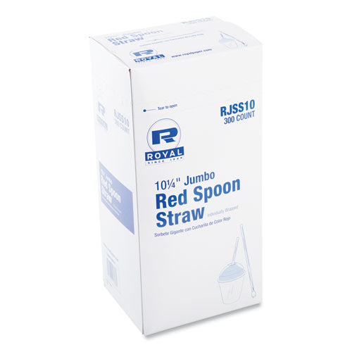 Image of AmerCareRoyal® Jumbo Spoon Straw, 10.25", Plastic, Red, 300/pack, 18 Packs/carton