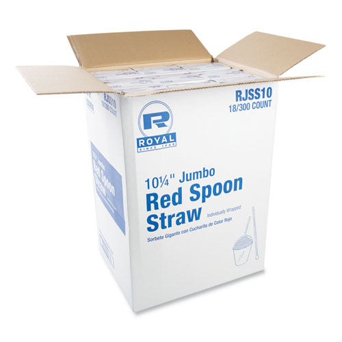 Image of AmerCareRoyal® Jumbo Spoon Straw, 10.25", Plastic, Red, 300/pack, 18 Packs/carton