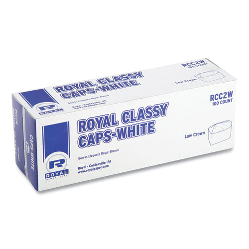 Image of AmerCareRoyal® Classy Cap, Crepe Paper, Adjustable, One Size Fits All, White, 100 Caps/Pack, 10 Packs/Carton