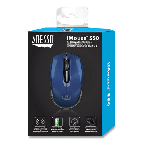 Image of Adesso Imouse S50 Wireless Mini Mouse, 2.4 Ghz Frequency/33 Ft Wireless Range, Left/right Hand Use, Blue
