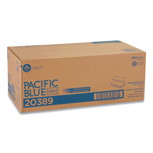 Image of Georgia Pacific® Professional Pacific Blue Select Folded Paper Towels, 1-Ply, 9.2 x 9.4, White, 250/Pack, 16 Packs/Carton