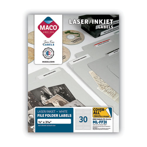 Image of MACO® Cover-All Opaque File Folder Labels, Inkjet/laser Printers, 0.66 X 3.44, White, 30 Labels/sheet, 50 Sheets/box