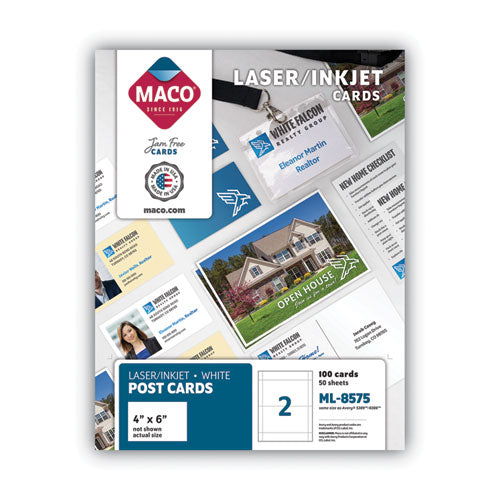 Image of MACO® Unruled Microperforated Laser/inkjet Post Cards, 4 X 6, White, 100 Cards, 2 Cards/sheet, 50 Sheets/box