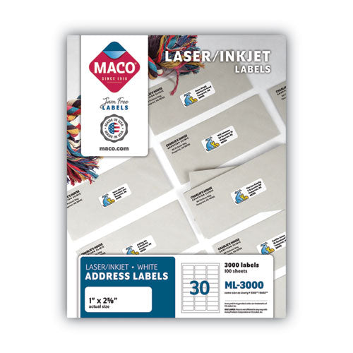 Image of MACO® White Laser/inkjet Shipping Address Labels, Inkjet/laser Printers, 1 X 2.63, White, 30 Labels/sheet, 100 Sheets/box