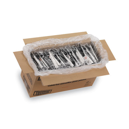 Image of Dixie® Wrapped Tableware/Napkin Packets, Mediumweight, Fork/Knife/Napkin/Spoon, Plastic, Black, 250/Carton