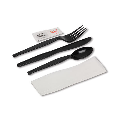 Image of Dixie® Wrapped Tableware/Napkin Packets, Mediumweight, Fork/Knife/Napkin/Spoon, Plastic, Black, 250/Carton