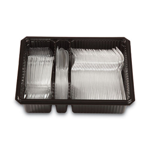 Image of Dixie® Combo Pack, Tray with Clear Plastic Utensils, Heavyweight, (90) Forks/(30) Knives/(60) Spoons, Plastic, Clear, 1,800/Carton