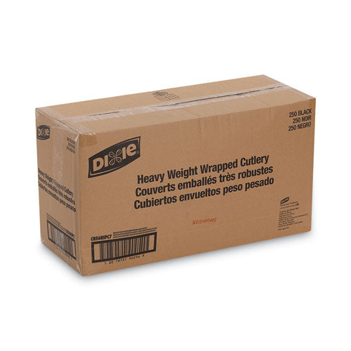 Image of Dixie® Wrapped Tableware/Napkin Packets, Mediumweight, Fork/Knife/Napkin/Spoon, Plastic, Black, 250/Carton