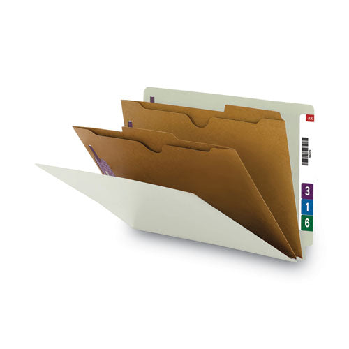 Image of Smead X-Heavy End Tab Pressboard Classification Folders, Six SafeSHIELD Fasteners, 2 Dividers, Legal Size, Gray-Green, 10/Box