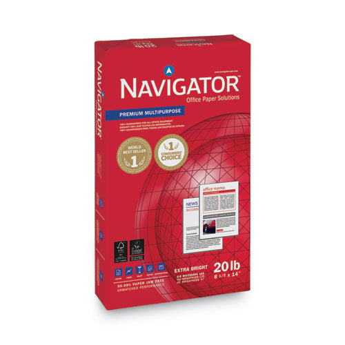 Image of Navigator® Premium Multipurpose Copy Paper, 97 Bright, 20 lb Bond Weight, 8.5 x 14, White, 500 Sheets/Ream, 10 Reams/Carton