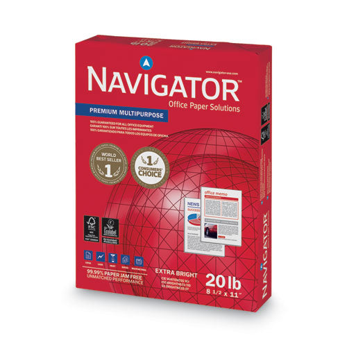 Image of Navigator® Premium Multipurpose Copy Paper, 97 Bright, 20 lb Bond Weight, 8.5 x 11, White, 500 Sheets/Ream, 10 Reams/Carton