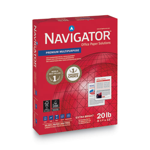 Image of Navigator® Premium Multipurpose Copy Paper, 97 Bright, 20 lb Bond Weight, 8.5 x 11, White, 500 Sheets/Ream, 10 Reams/Carton