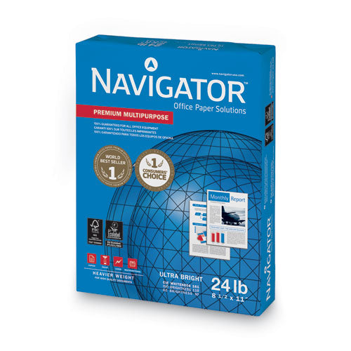 Image of Navigator® Premium Multipurpose Copy Paper, 97 Bright, 24 lb Bond Weight, 8.5 x 11, White, 500 Sheets/Ream, 10 Reams/Carton