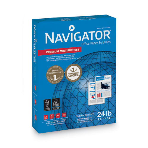 Image of Navigator® Premium Multipurpose Copy Paper, 97 Bright, 24 lb Bond Weight, 8.5 x 11, White, 500 Sheets/Ream, 10 Reams/Carton