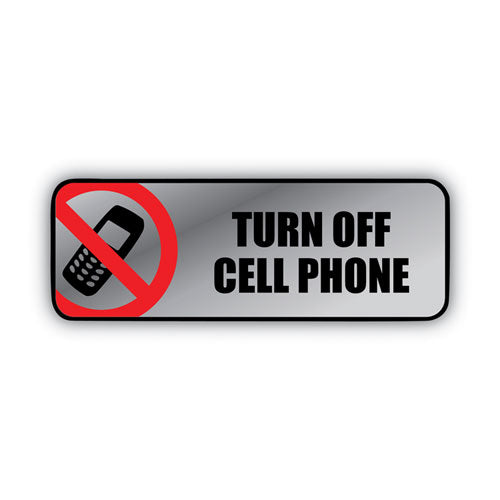 Image of COSCO Brushed Metal Office Sign, Turn Off Cell Phone, 9 X 3, Silver/red