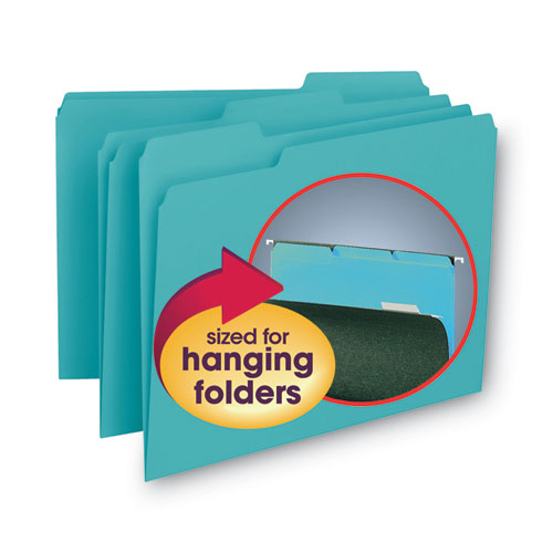 Image of Smead Interior File Folders, 1/3-Cut Tabs: Assorted, Letter Size, 0.75" Expansion, Aqua, 100/Box