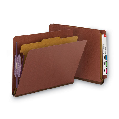 Image of Smead End Tab Pressboard Classification Folders, Four SafeSHIELD Fasteners, 2" Expansion, 1 Divider, Letter Size, Red, 10/Box