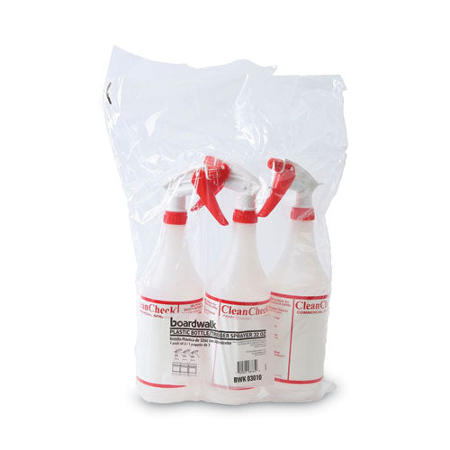 Image of Boardwalk® General Purpose Plastic Bottle with Trigger Spray, 32 oz, Clear/Red, 3/Pack