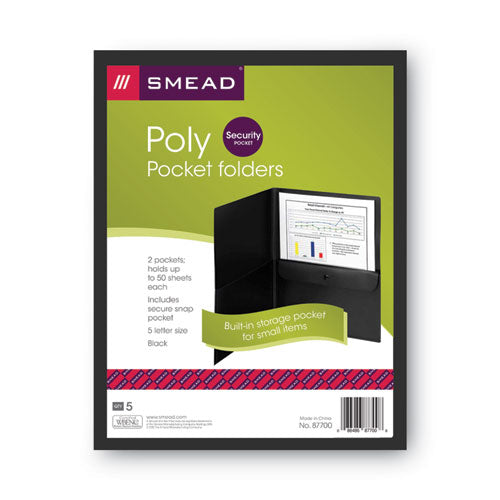 Image of Smead Poly Two-Pocket Folder With Snap Closure Security Pocket, 100-Sheet Capacity, 11 X 8.5, Black, 5/pack