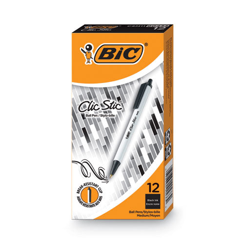 Image of BIC® Clic Stic Ballpoint Pen, Retractable, Medium 1 Mm, Black Ink, White Barrel, Dozen