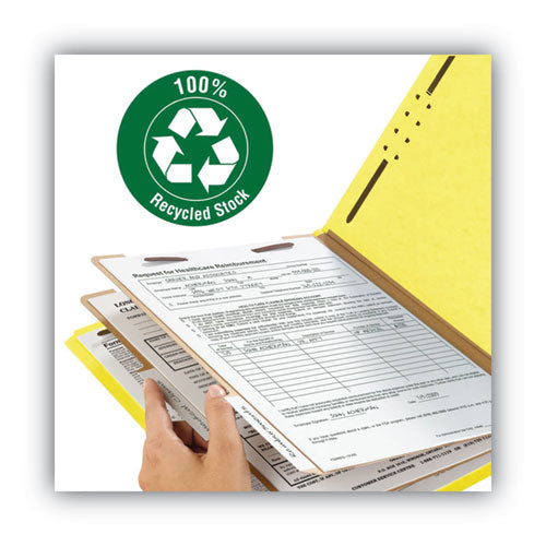 Image of Smead Recycled Pressboard Classification Folders, 2" Expansion, 2 Dividers, 6 Fasteners, Letter Size, Yellow Exterior, 10/Box