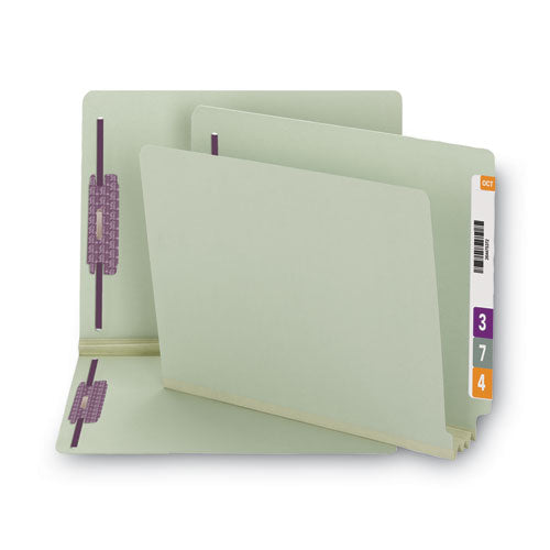 Image of Smead End Tab Pressboard Classification Folders, Two SafeSHIELD Coated Fasteners, 3" Expansion, Letter Size, Gray-Green, 25/Box