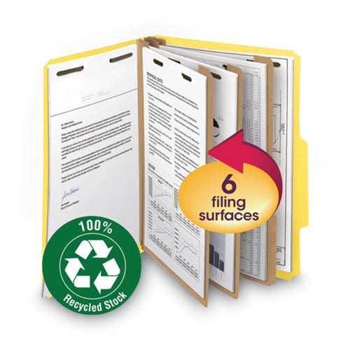 Image of Smead Recycled Pressboard Classification Folders, 2" Expansion, 2 Dividers, 6 Fasteners, Letter Size, Yellow Exterior, 10/Box