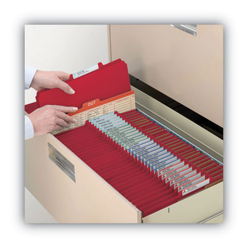 Image of Smead Recycled Pressboard Classification Folders, 2" Expansion, 2 Dividers, 6 Fasteners, Letter Size, Bright Red, 10/Box