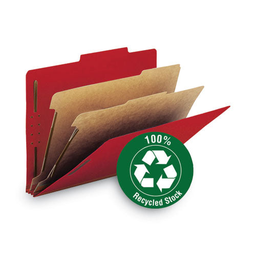 Image of Smead Recycled Pressboard Classification Folders, 2" Expansion, 2 Dividers, 6 Fasteners, Letter Size, Bright Red, 10/Box