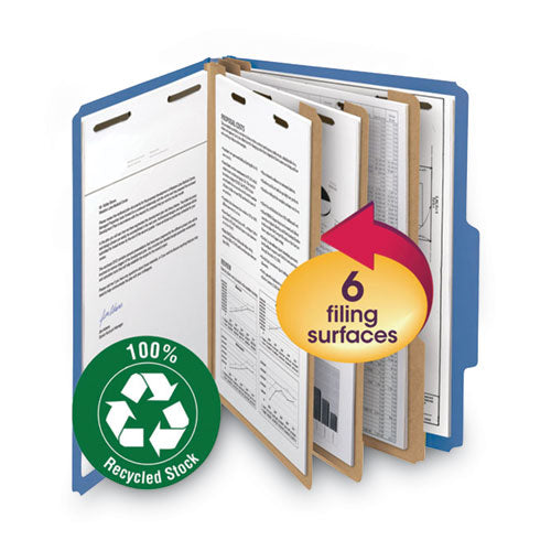 Image of Smead Recycled Pressboard Classification Folders, 2" Expansion, 2 Dividers, 6 Fasteners, Letter Size, Dark Blue, 10/Box