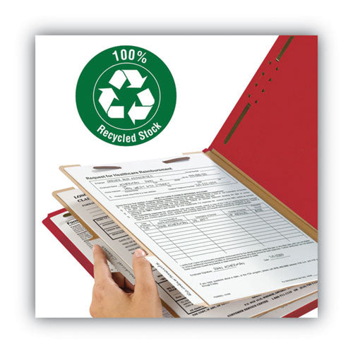 Image of Smead Recycled Pressboard Classification Folders, 2" Expansion, 2 Dividers, 6 Fasteners, Letter Size, Bright Red, 10/Box