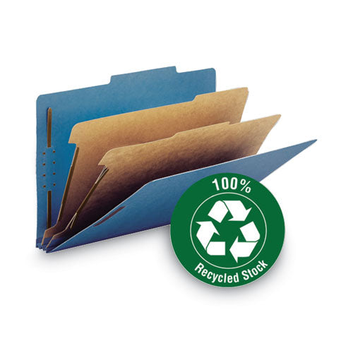 Image of Smead Recycled Pressboard Classification Folders, 2" Expansion, 2 Dividers, 6 Fasteners, Letter Size, Dark Blue, 10/Box