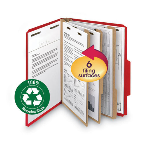 Image of Smead Recycled Pressboard Classification Folders, 2" Expansion, 2 Dividers, 6 Fasteners, Letter Size, Bright Red, 10/Box