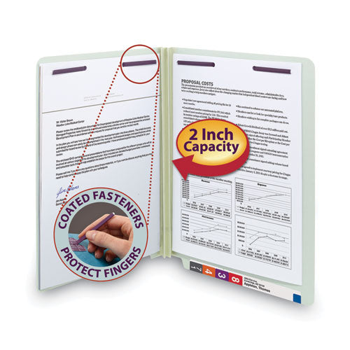 Image of Smead End Tab Pressboard Classification Folders, Two SafeSHIELD Coated Fasteners, 2" Expansion, Letter Size, Gray-Green, 25/Box