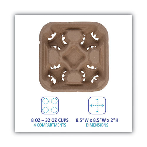 Image of Boardwalk® Cup Carrier Tray, 8 Oz To 32 Oz, Four Cups, Kraft, 300/carton