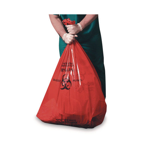 Image of Heritage Healthcare Pre-Printed High-Density Can Liners, Infectious Waste Biohazard, 33 gal, 13.97mic, 33 x 40, Red, Flat Pack, 250/CT