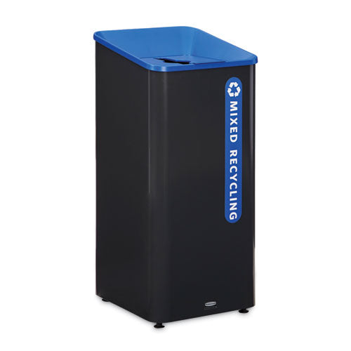 Image of Rubbermaid® Commercial Sustain Decorative Refuse with Recycling Lid, 23 gal, Metal/Plastic, Black/Blue