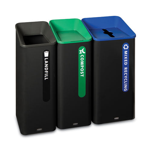 Image of Rubbermaid® Commercial Sustain Decorative Refuse with Recycling Lid, 23 gal, Metal/Plastic, Black/Blue