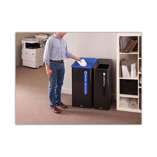 Image of Rubbermaid® Commercial Sustain Decorative Refuse with Recycling Lid, 23 gal, Metal/Plastic, Black/Blue