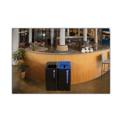 Image of Rubbermaid® Commercial Sustain Decorative Refuse with Recycling Lid, 23 gal, Metal/Plastic, Black/Blue