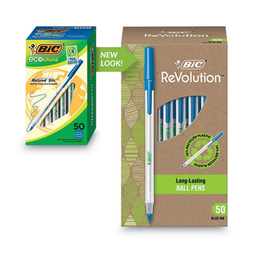 Image of BIC® Ecolutions Round Stic Ballpoint Pen Value Pack, Stick, Medium 1 Mm, Blue Ink, Clear Barrel, 50/pack