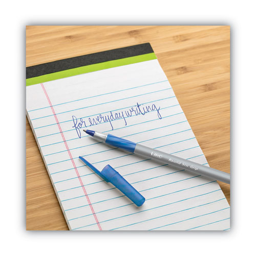 Image of BIC® Round Stic Grip Xtra Comfort Ballpoint Pen, Easy-Glide System, Stick, Medium 1.2 mm, Blue Ink, Gray/Blue Barrel, Dozen