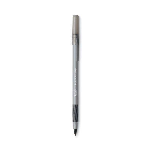 Image of BIC® Round Stic Grip Xtra Comfort Ballpoint Pen, Easy-Glide System, Stick, Medium 1.2 mm, Black Ink, Gray/Black Barrel, Dozen