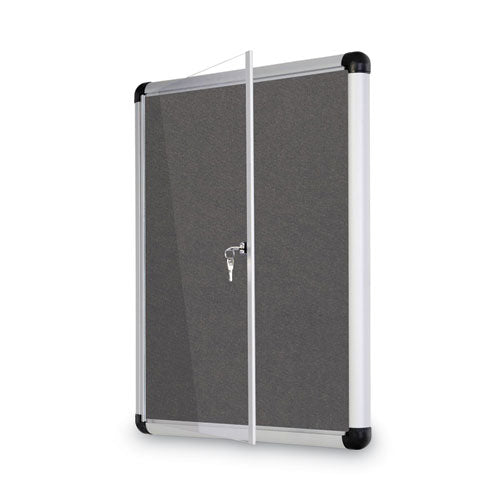 Image of MasterVision® Slim-Line Enclosed Fabric Bulletin Board with One Door, 28" x 38", Gray Surface, Satin Aluminum Frame