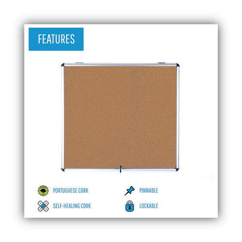 Image of MasterVision® Slim-Line Enclosed Cork Bulletin Board with One Door, 47" x 38", Tan Surface, Satin Aluminum Frame
