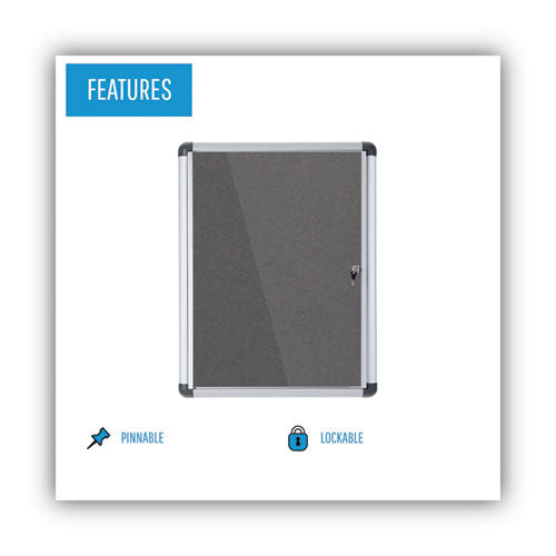 Image of MasterVision® Slim-Line Enclosed Fabric Bulletin Board with One Door, 28" x 38", Gray Surface, Satin Aluminum Frame